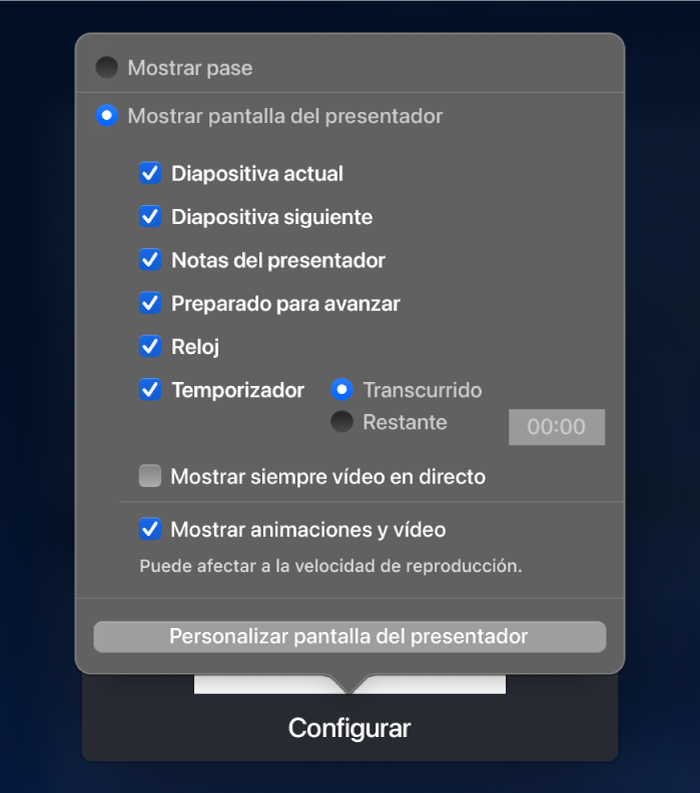 Opciones de qué ítems mostrar en cada pantalla. Puedes mostrar el pase de diapositivas o la pantalla del presentador, que incluye opciones como “Diapositiva actual”, “Diapositiva siguiente”, “Notas del presentador”, “Preparado para avanzar”, Reloj y Temporizador. El temporizador tiene opciones adicionales para mostrar bien el tiempo transcurrido, o bien el tiempo restante.