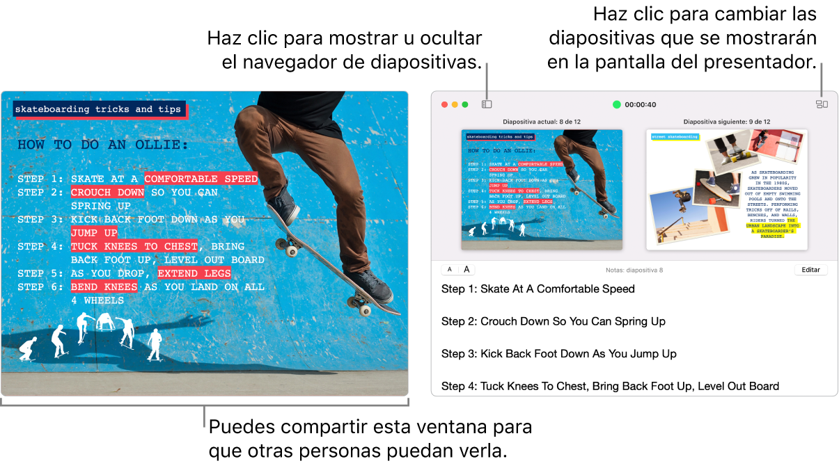Una presentación de Keynote en una ventana, con la pantalla del presentador en una segunda ventana que contiene el navegador de diapositivas, las notas del presentador y la previsualización de diapositivas.