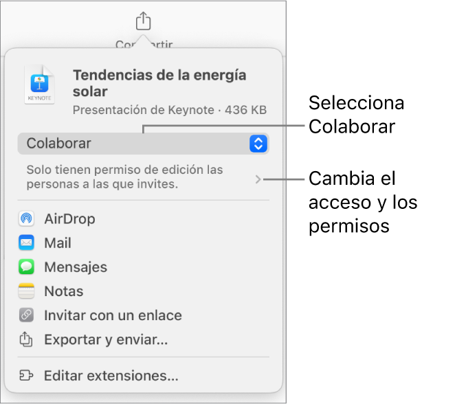 El menú Compartir con la opción Colaborar seleccionada en la parte superior y los ajustes de acceso y permisos debajo.