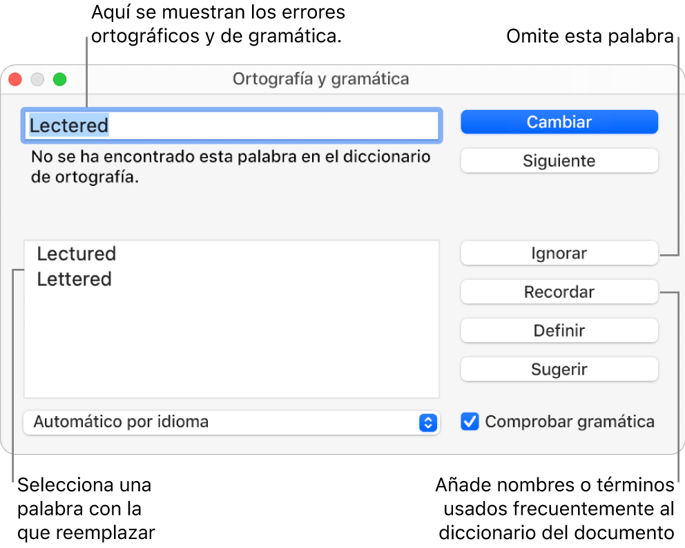 La ventana “Ortografía y gramática”.