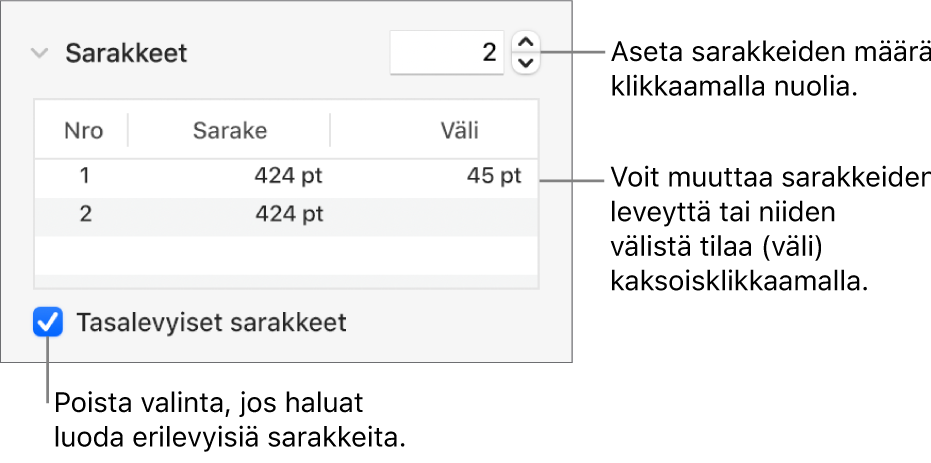 Sarakkeet-osion säätimet sarakkeiden määrän ja leveyden muuttamiseen.