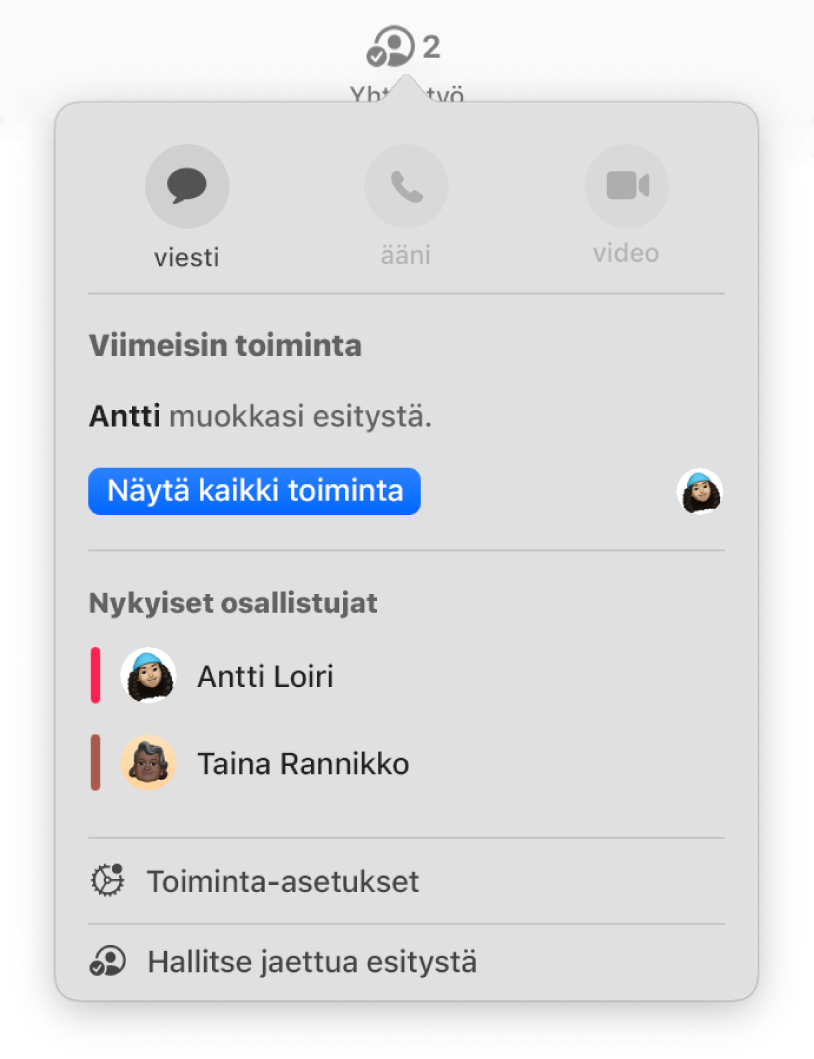 Yhteistyö-valikko, jossa on näkyvissä esityksen parissa yhteistyötä tekevien ihmisten nimet.