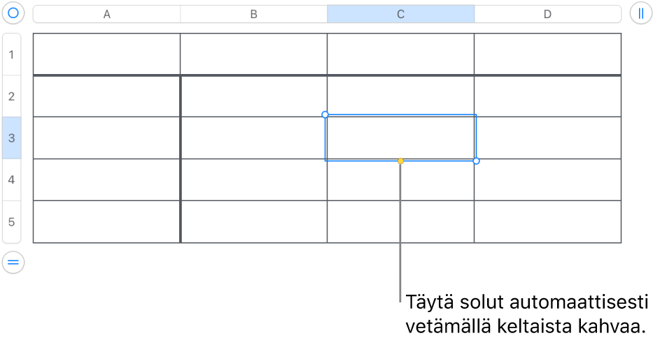 Valittu solu ja keltainen kahva, jota vetämällä voidaan täyttää soluja automaattisesti.