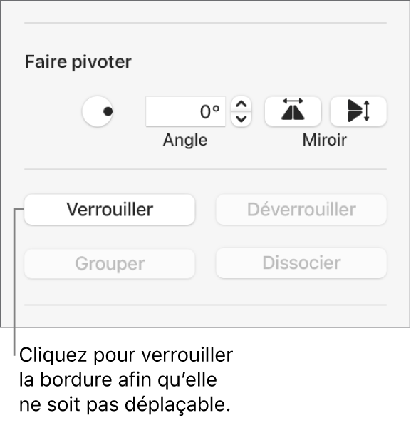 Les commandes d’objet Faire pivoter, Verrouiller et Grouper avec le bouton Verrouiller en évidence.