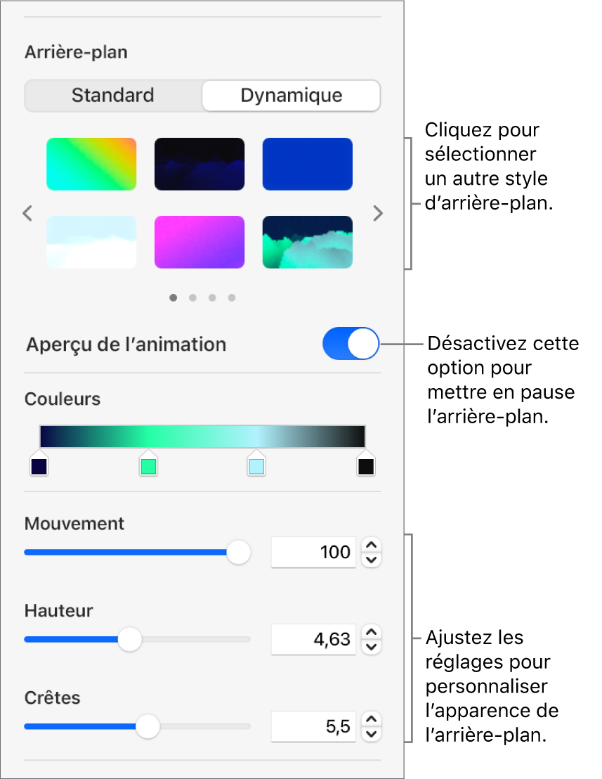 Le bouton Dynamique sélectionné dans la section Arrière-plan de la barre latérale Format avec les styles d’arrière-plans dynamiques, la commande « Prévisualiser le mouvement » et les commandes liées à l’aspect affichées.