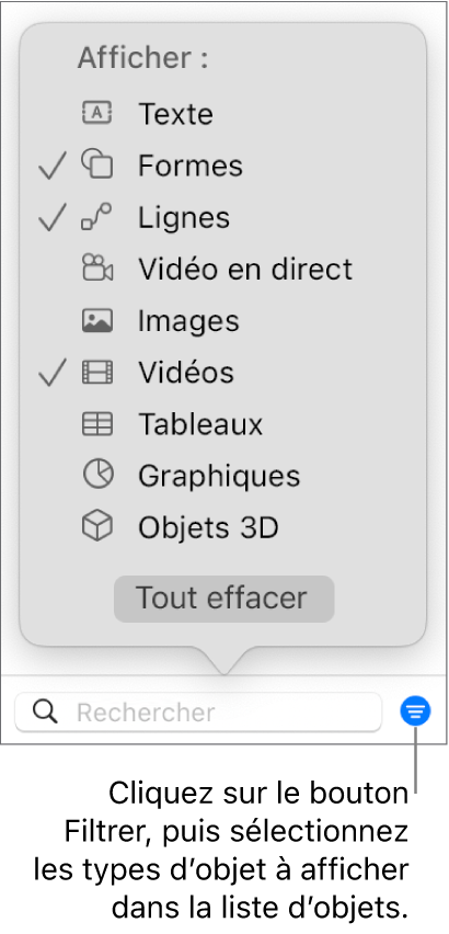 Le menu local Filtrer ouvert, avec les types d’objets qui peuvent être compris dans la liste (texte, figures, lignes, images, films, tableaux et graphiques).