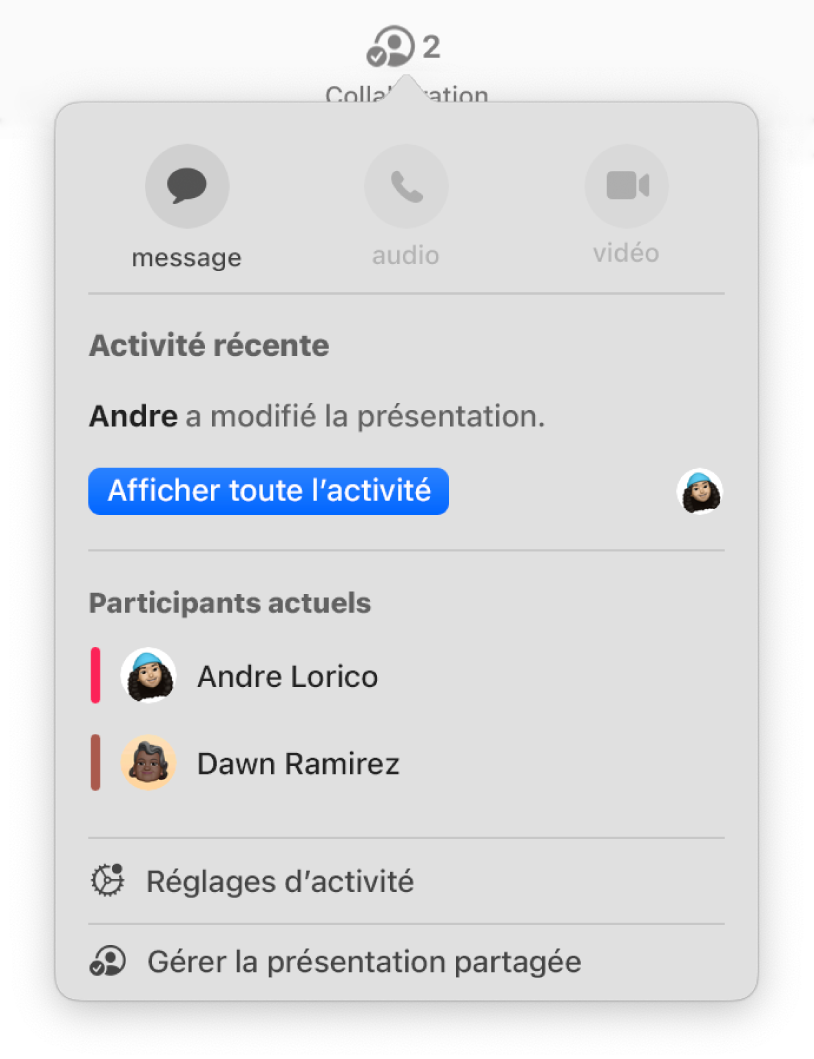 Le menu de collaboration affichant le nom des personnes qui collaborent sur la présentation.