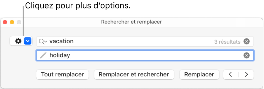 La fenêtre Rechercher et remplacer accompagnée d’une légende pour le menu local permettant d’afficher plus d’options.