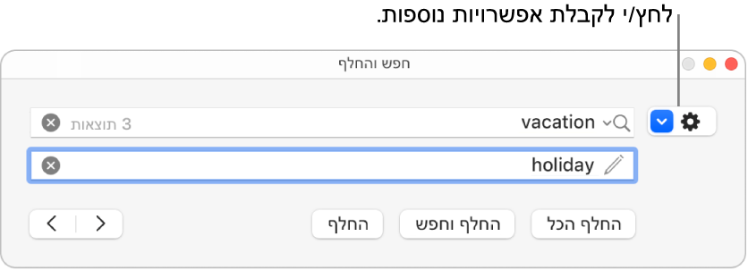 חלון ״חפש והחלף״ עם הסבר לגבי התפריט הקופצני שמציג אפשרויות נוספות.