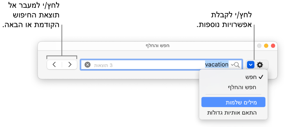 החלון ״חפש והחלף״ עם התפריט הקופצני שמציג את האפשרויות ״חפש״, ״חפש והחלף״, ״מילים שלמות״ ו״התאם אותיות גדולות״. החיצים בצד מאפשרים לך לדלג אל תוצאות החיפוש הקודמות או הבאות.