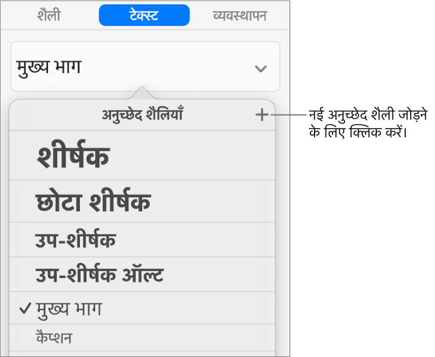 “नई शैली” बटन के कॉलआउट वाला “अनुच्छेद शैलियाँ” मेनू।