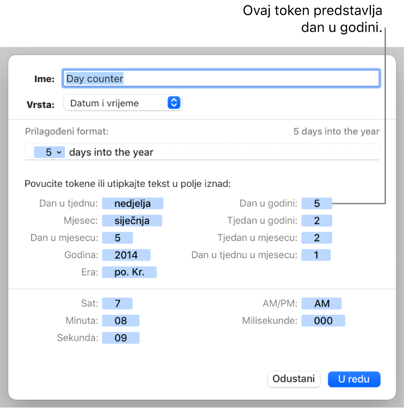 Prozor prilagođenog formata ćelije s kontrolama za izradu prilagođenog formata za datum i vrijeme.