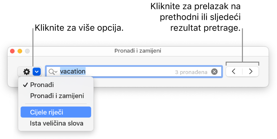 Prozor Pronađi i zamijeni sa skočnim izbornikom koji prikazuje opcije za Pronađi, Pronađi i zamijeni, Cijele riječi i Uskladi veličinu slova. Strelice na desnoj strani omogućuju vam da preskočite na prethodne ili sljedeće rezultate pretraživanja.