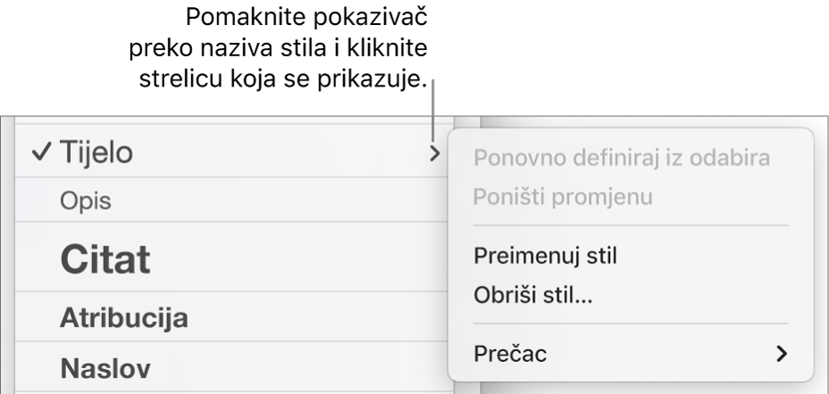 Izbornik stilova paragrafa s otvorenim izbornikom prečaca.