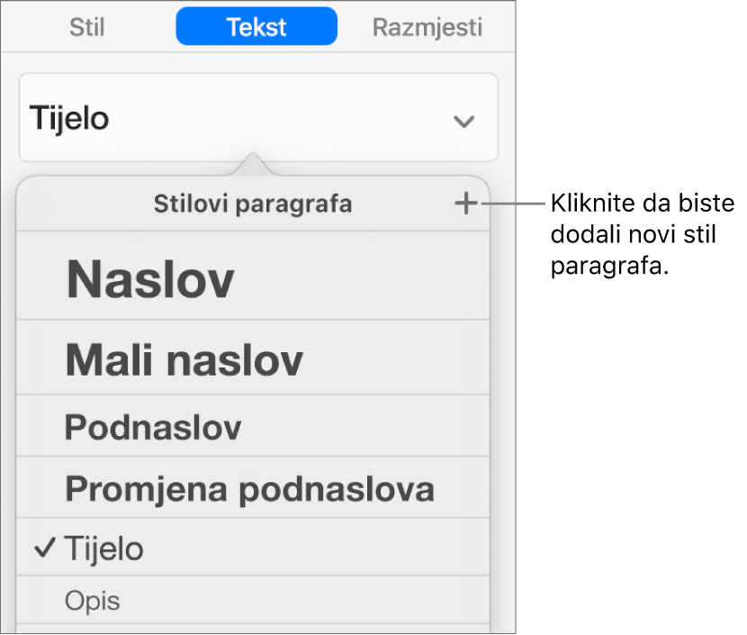 Izbornik stilova paragrafa s oblačićem za tipku Novi stil.