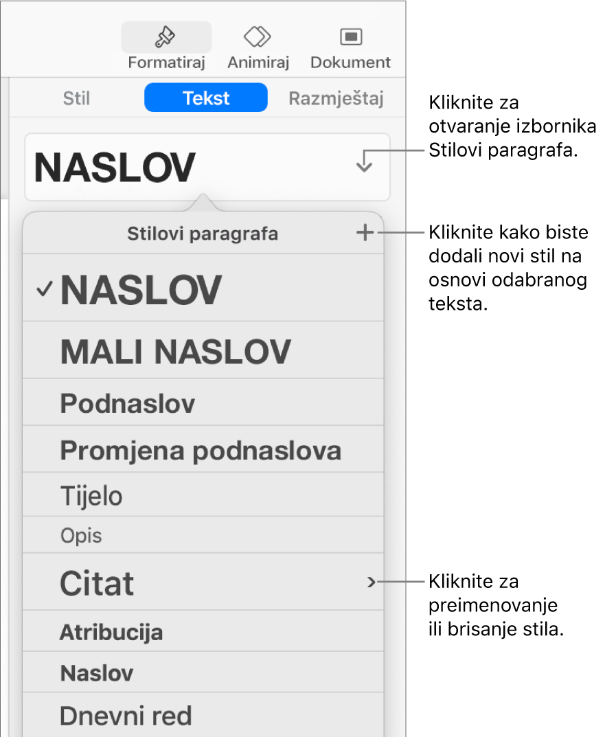 Izbornik Stilovi paragrafa s prikazanim kontrolama za dodavanje ili promjenu stila.