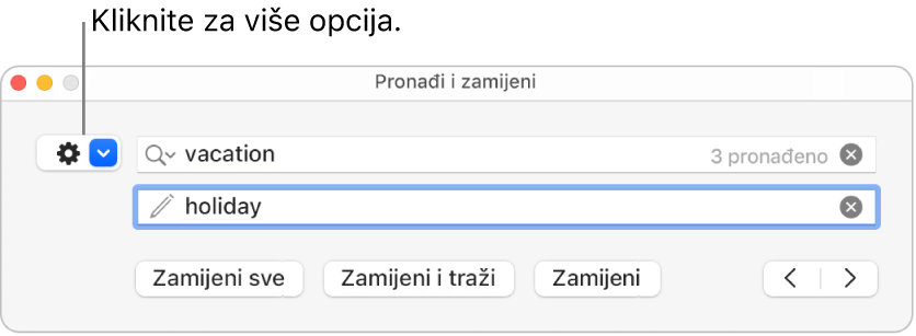 Prozor Pronađi i zamijeni s balončićem do skočnog izbornika koji prikazuje više opcija.