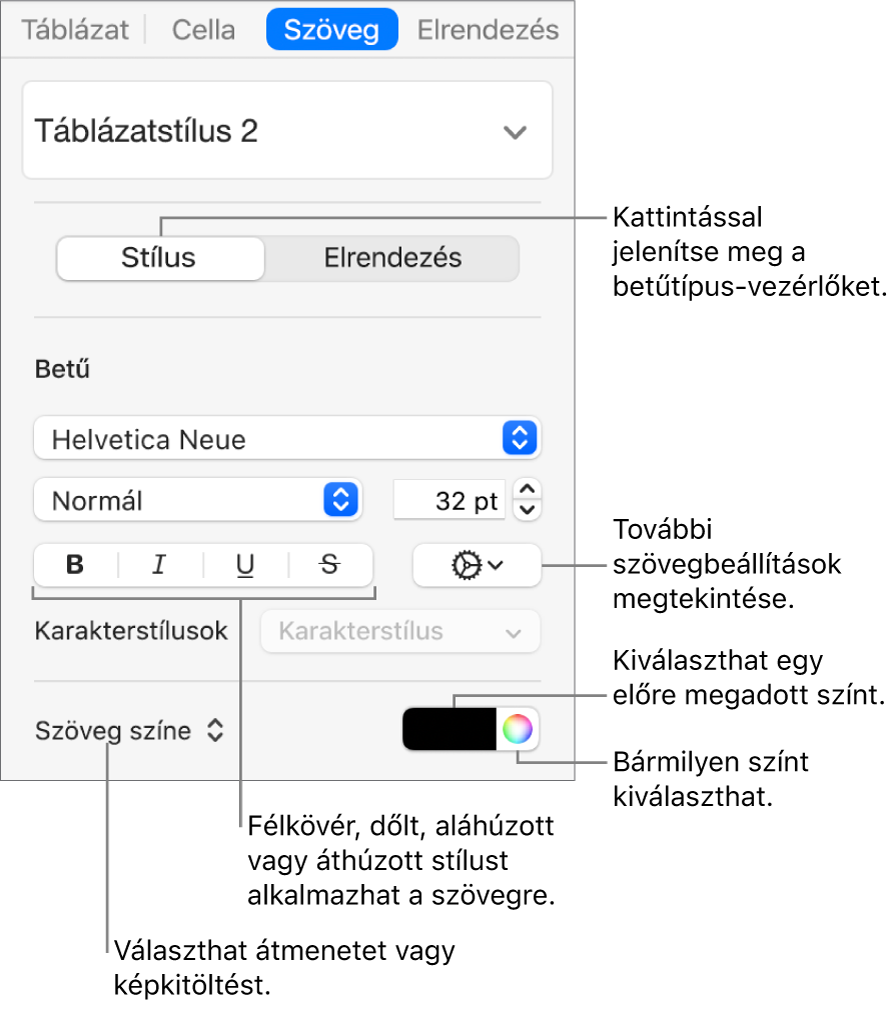 A táblázatszöveg stílusának beállítására szolgáló vezérlők.