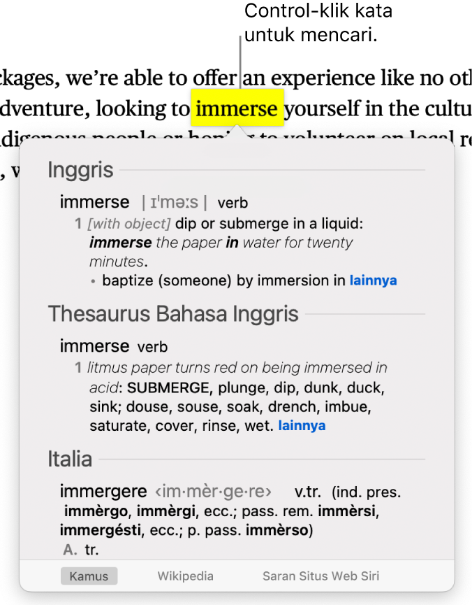 Teks dengan kata yang disorot dan jendela yang menampilkan definisinya dan entri tesaurus. Dua tombol di bagian bawah jendela memberikan tautan ke kamus dan ke Wikipedia.