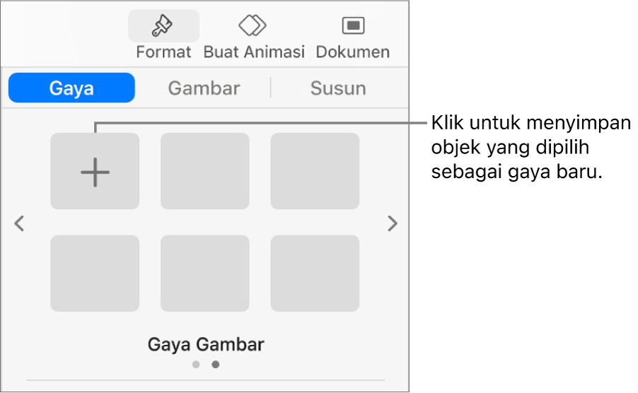 Tab Gaya bar samping Format dengan satu gaya kotak teks, tombol Buat Gaya di kanan gaya, dan empat placeholder gaya kosong.