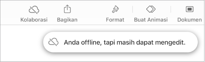 Tombol di bagian atas layar, dengan tombol Kolaborasikan berubah menjadi awan dengan garis diagonal melaluinya. Peringatan di layar bertuliskan “Anda offline tapi masih dapat mengedit”.