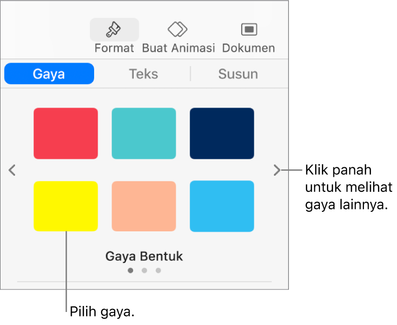 Tab Gaya bar samping Format dengan enam gaya objek dan panah navigasi di kiri dan kanan objek.