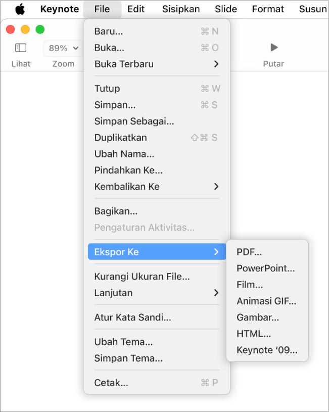 Menu File terbuka dengan Ekspor Ke dipilih dan submenunya menampilkan pilihan ekspor untuk PDF, PowerPoint, Film, HTML, Gambar, dan Keynote ’09.