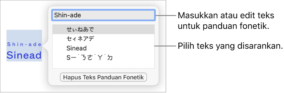 Panduan fonetik terbuka untuk kata, dengan keterangan pada bidang teks dan teks yang disarankan.