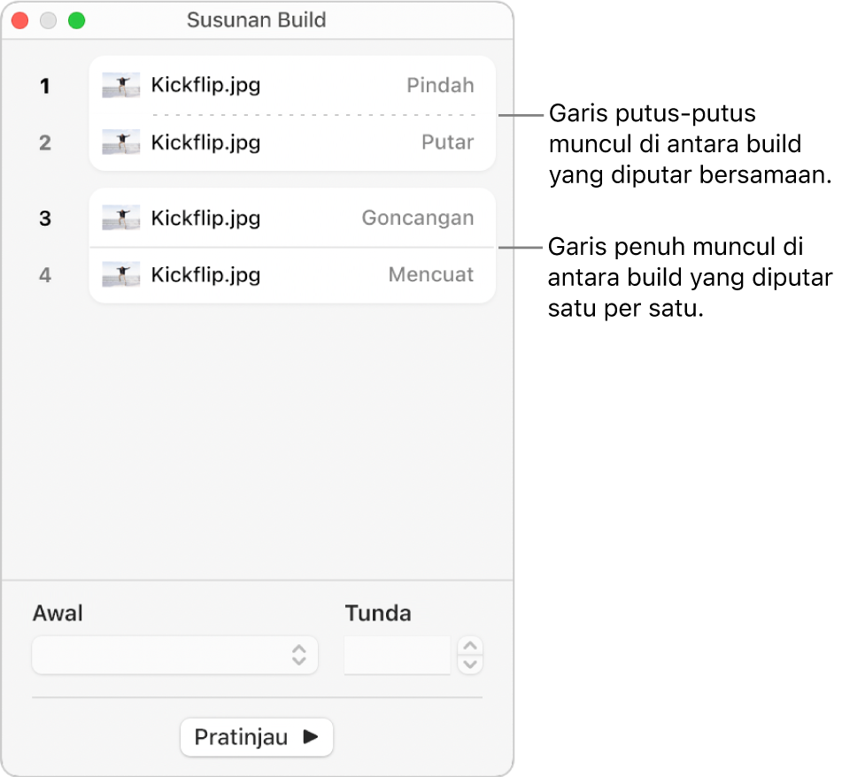 Menu Susunan Build, dengan titik putus-putus muncul di antara build yang diputar bersamaan dan garis penuh di antara build yang diputar satu per satu.