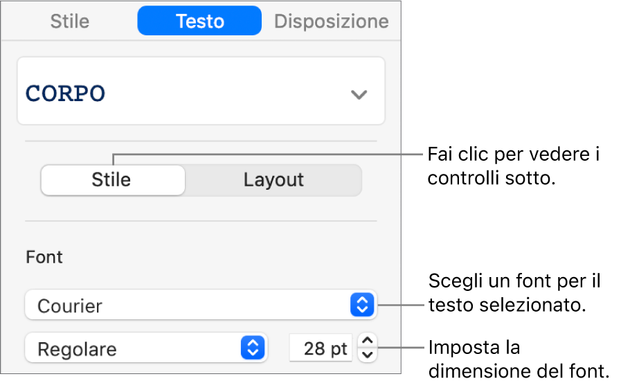 Controlli del testo nella sezione Stile della barra laterale per impostare font e dimensione del font.