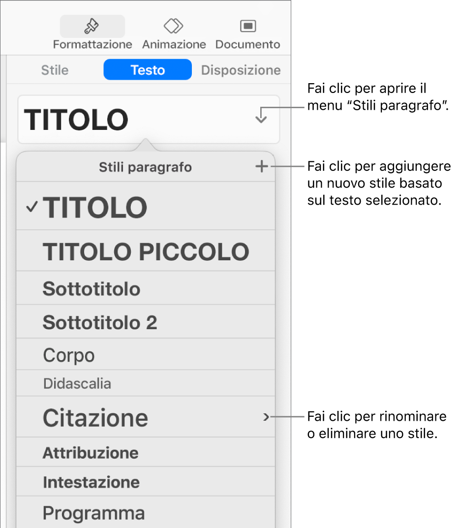 Il menu “Stili Paragrafo”, in cui vengono visualizzati i controlli per aggiungere o modificare uno stile.