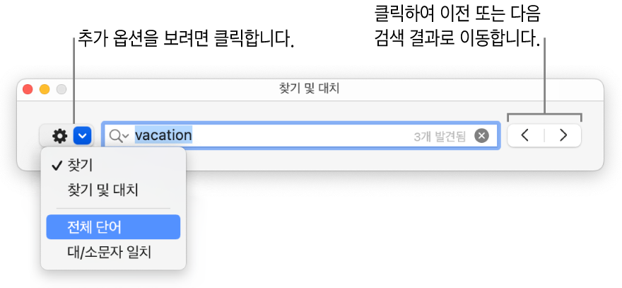 찾기, 찾기 및 대치, 전체 단어 및 대/소문자 일치 옵션을 보여주는 팝업 메뉴가 있는 찾기 및 대치 윈도우. 오른쪽의 화살표는 이전 또는 다음 검색 결과로 이동할 수 있게 해줍니다.