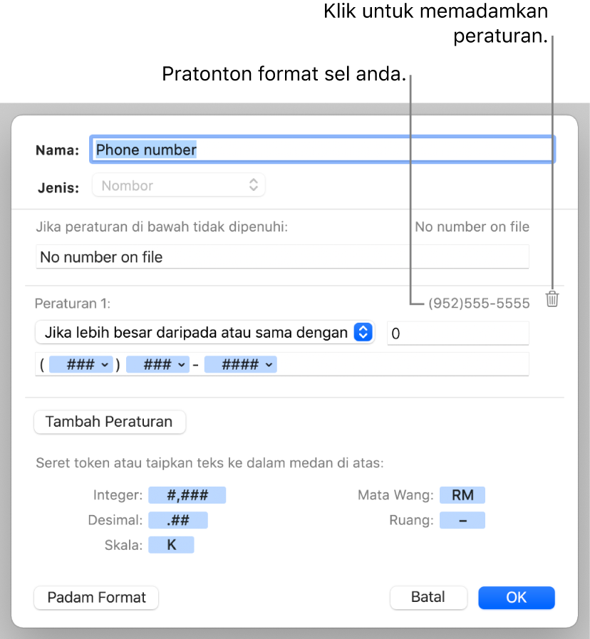 Format sel nombor tersuai dengan peraturan.