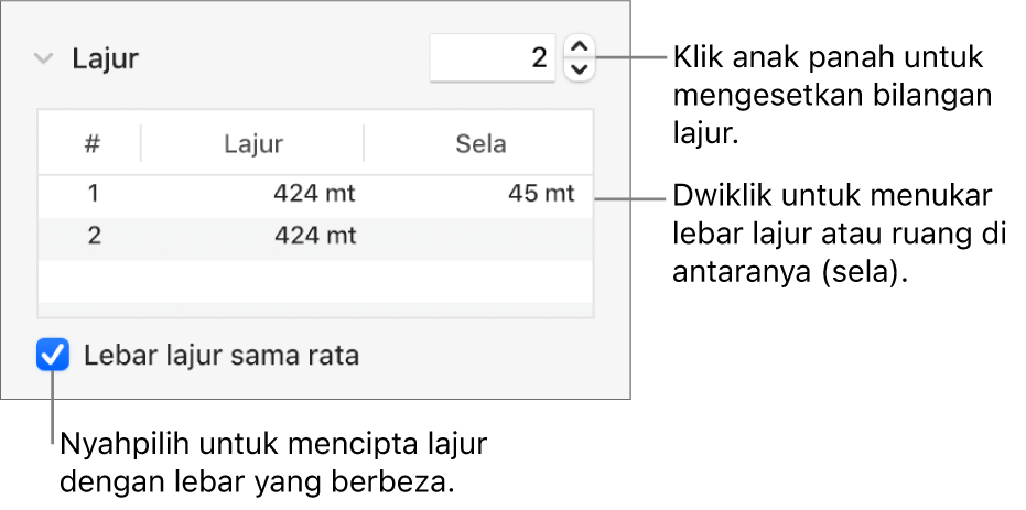 Kawalan dalam bahagian lajur untuk menukar bilangan lajur dan lebar setiap lajur.