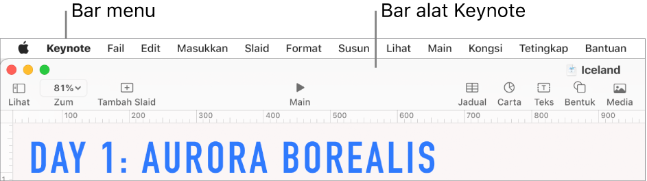 Bar menu di bahagian atas skrin dengan menu Apple, Keynote, Fail, Edit, Masukkan, Format, Susun, Paparan, Main, Kongsi, Tetingkap dan Bantuan. Di bawah bar menu ialah pembentangan Keynote terbuka dengan butang bar alat merentas bahagian atas untuk Paparan, Zum, Tambah Slaid, Main, Jadual, Carta, Teks, Bentuk dan Media.