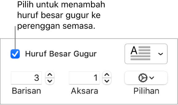 Kotak semak Huruf Besar Gugur dipilih dan menu timbul kelihatan di sebelah kanan; kawalan untuk mengeset ketinggian baris, bilangan aksara dan pilihan lain kelihatan di bawah.