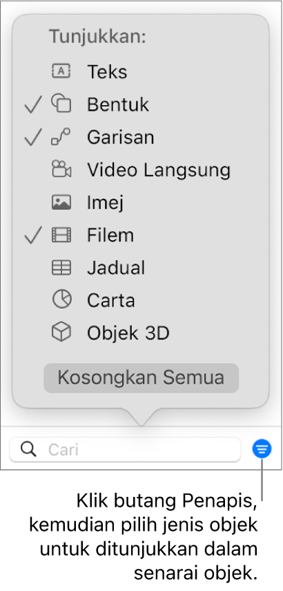 Menu timbul Tapis dibuka, dengan senarai jenis objek yang senarai termasuk (teks, bentuk, garisan, imej, filem, jadual dan carta).