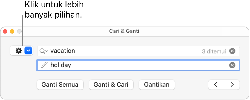 Tetingkap Cari & Ganti tanpa petak bual ke menu timbul yang menunjukkan lebih banyak pilihan.