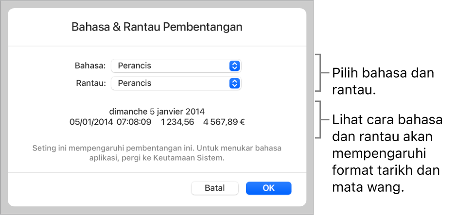 Anak tetingkap Bahasa & Rantau dengan kawalan untuk bahasa dan rantau, serta contoh format termasuk tarikh, masa, perpuluhan dan mata wang.