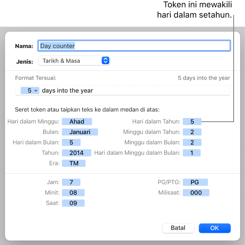 Tetingkap format sel tersuai dengan kawalan untuk mencipta format tarikh dan masa tersuai.