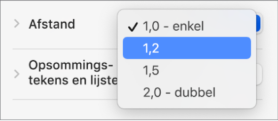 Het pop‑upmenu 'Afstand' met onder andere de opties 'Enkel' en 'Dubbel'.