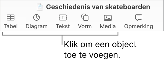 De Keynote-knoppenbalk met knoppen om een object aan een dia toe te voegen.