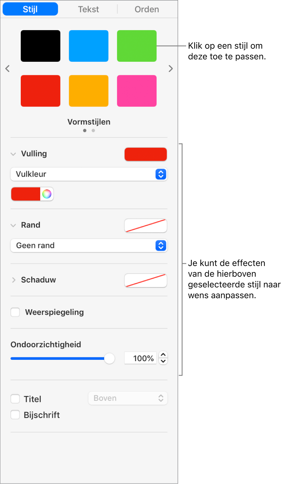 Vormstijlen en -opties in het gedeelte 'Opmaak' van de navigatiekolom.