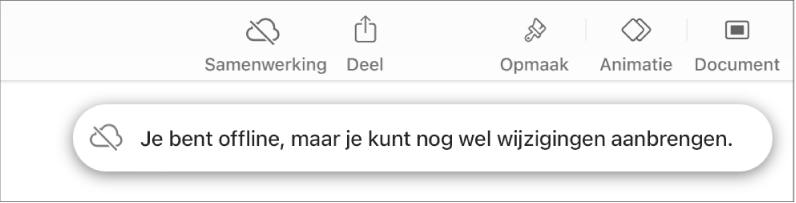 De knoppen boven in het scherm, met de knop voor samenwerking die is veranderd in een wolk met een schuine streep. De volgende melding staat op het scherm: 'Je bent offline, maar je kunt nog wel wijzigingen aanbrengen.'