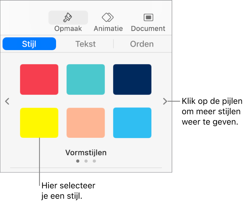 Het tabblad 'Stijl' in de navigatiekolom 'Opmaak' met zes objectstijlen en links en rechts daarvan navigatiepijlen.