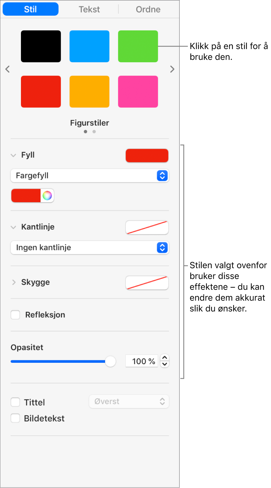 Figurstiler og -valg i Format-delen av sidepanelet.