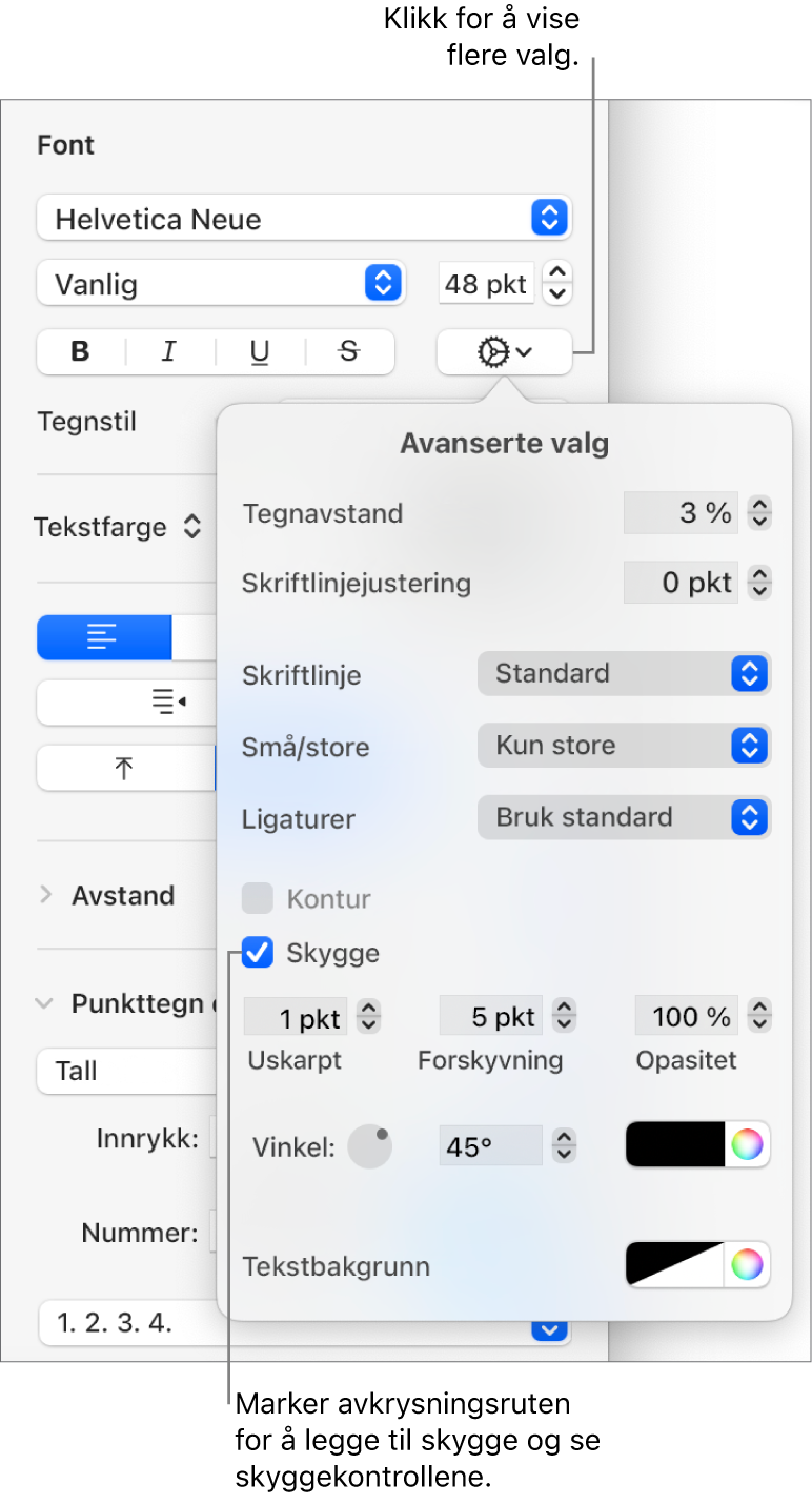 Avanserte valg åpnes med Skygge-avkrysningsruten markert og viser kontroller for å angi innstillinger for skarphet, forskyvning, opasitet, vinkel og farge.