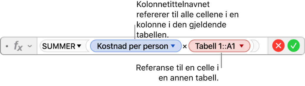 Formelredigeringen med en trekant du kan klikke på for å åpne valgene for å bevare preferansene for rader og kolonner.