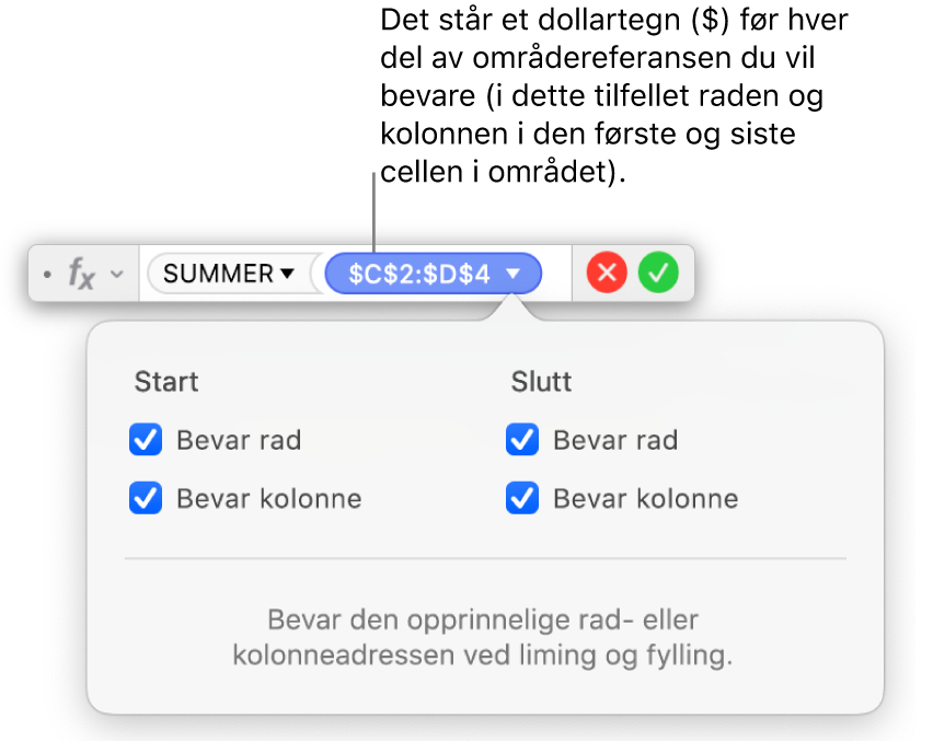 Formelredigeringen viser Bevar rad og Bevar kolonne markert for et bestemt område.