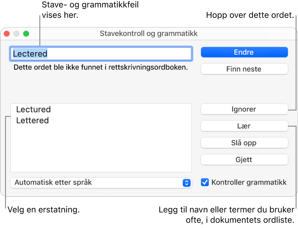 Stavekontroll og grammatikk-vinduet.